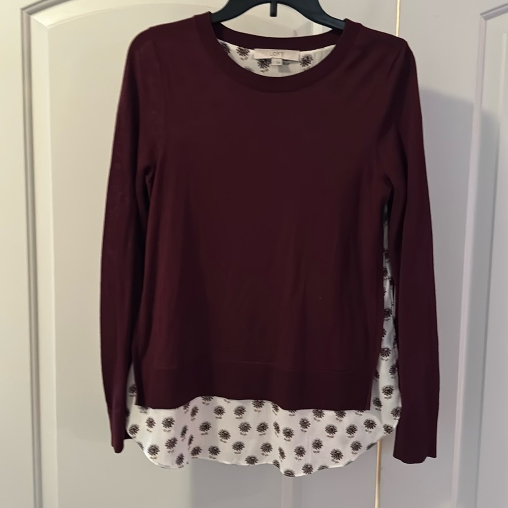Loft L/S-MAROON KNIT TOP/SWEATER W/CHIFFON PATTERNED SIDES & HEM